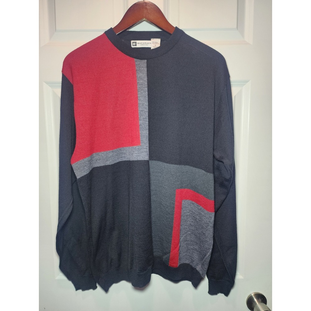 Bachrach Mens Wool Blend Colorblock Sweater Made in Italy Geometric Red Black L